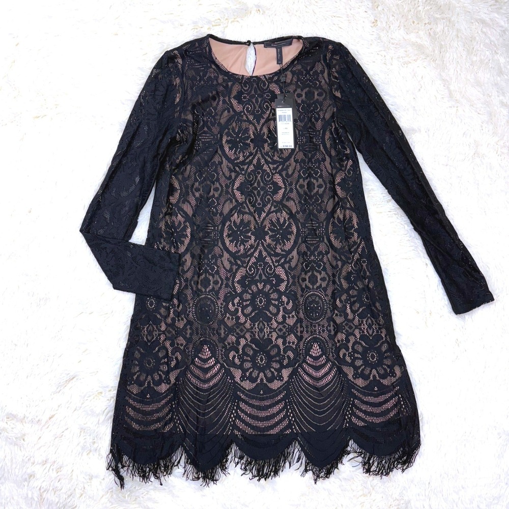 NWT BCBGMAXAZRIA‎ Marae Black Lace Fringe Shift Dress XS Flapper Party 20s style